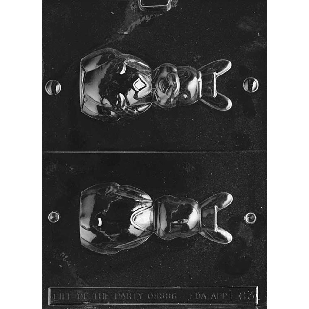 Clear plastic 3D chocolate mold showing a train engineer Easter bunny in overalls, scarf, and cap, with separate front and back halves on one sheet divided by a cut line.