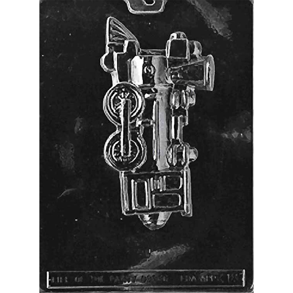 Single-cavity train steam engine chocolate mold with a side-view locomotive, smokestack, cab, cowcatcher, large wheels, and connecting rod.