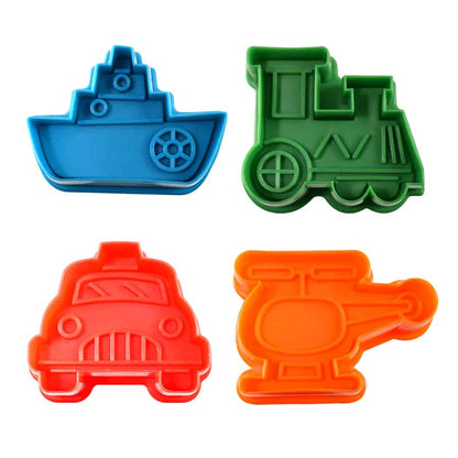 Close-up of individual cookie stampers featuring embossed details of transportation designs.