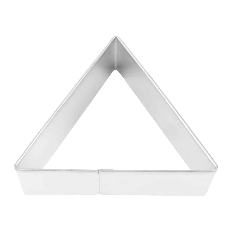 Steel triangle-shaped cookie cutter, 3 inches wide, perfect for cutting triangle-shaped cookies.