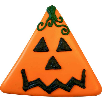 Triangle cookie decorated like a jack-o'-lantern with orange icing and black features, made using a 3-inch triangle cookie cutter.