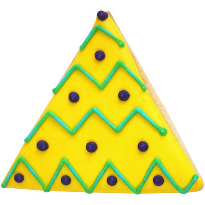 Brightly decorated triangle cookie with yellow icing and colorful zigzag designs.