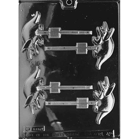 Clear Triceratops Chocolate Lollipop Mold with four dinosaur-shaped cavities and stick channels, photographed on a black background.