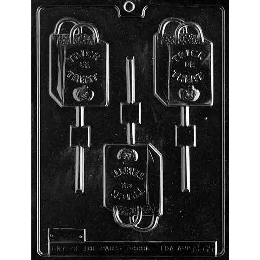 Clear plastic chocolate lollipop mold with three trick-or-treat bag cavities showing raised lettering and handle detail, each with a stick channel, on a dark background.