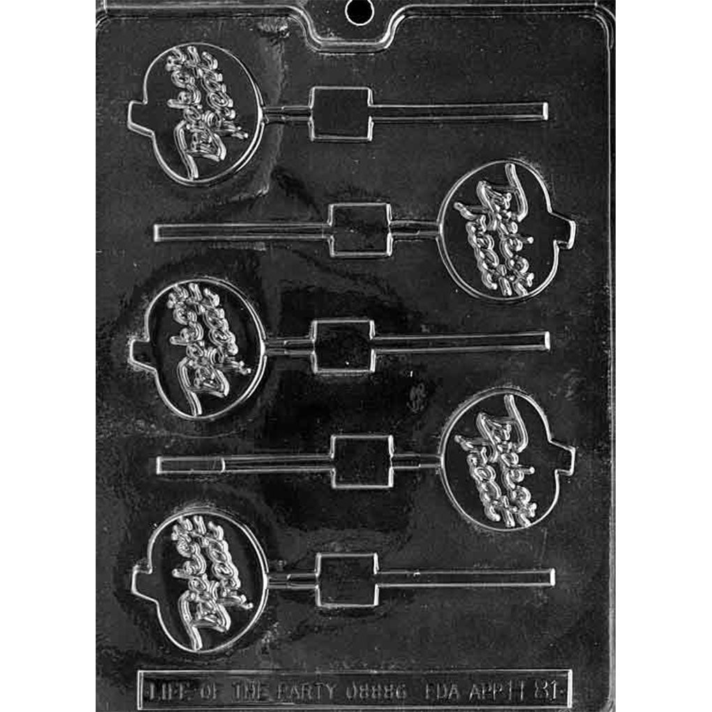 Trick or Treat pumpkin chocolate lollipop mold with five pumpkin-shaped cavities, raised script, and built-in stick channels