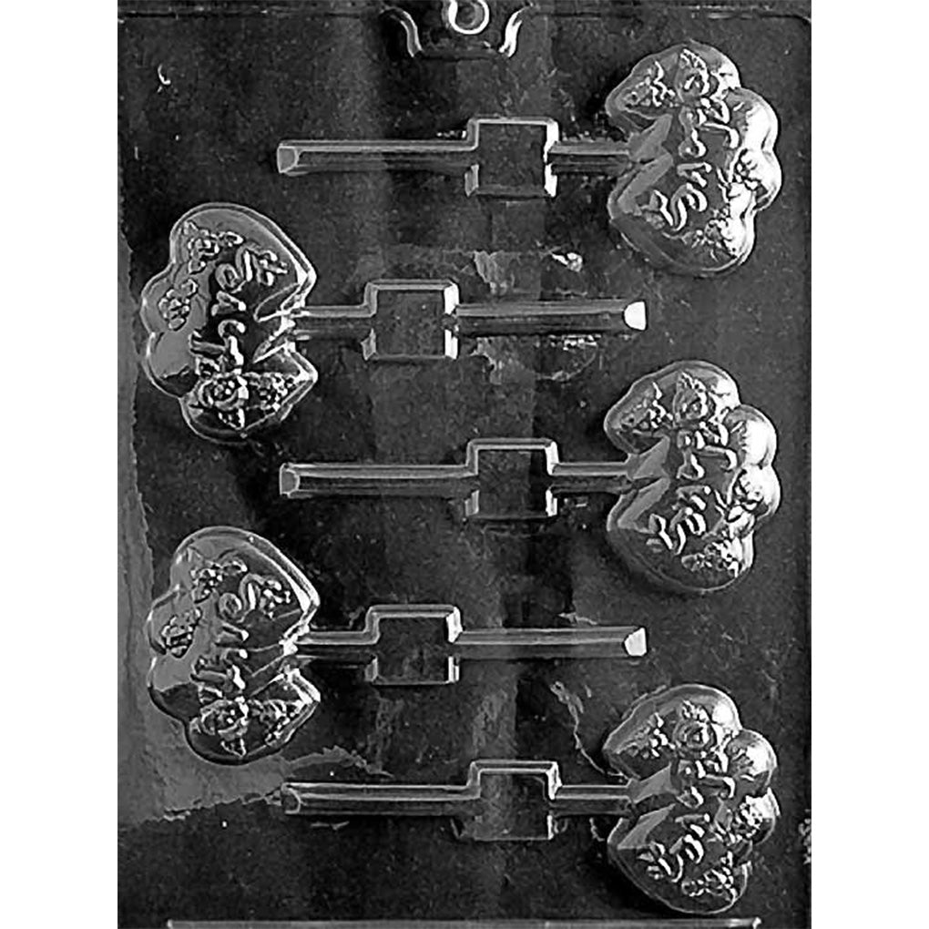 Clear Triple “LOVE” Heart Chocolate Lollipop Mold photographed against a black background with 6 overlapping heart cavities featuring raised LOVE lettering, floral accents, and built-in stick channels.