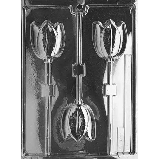 Clear plastic chocolate lollipop mold with three tulip blossom cavities.