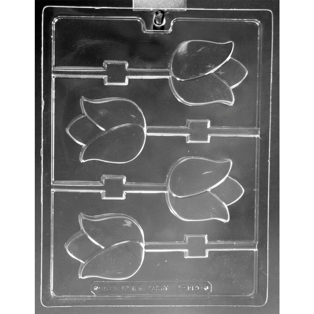 Clear plastic tulip chocolate lollipop mold with four tulip blossom cavities featuring layered petal shapes and stick channels, shown on a dark background.