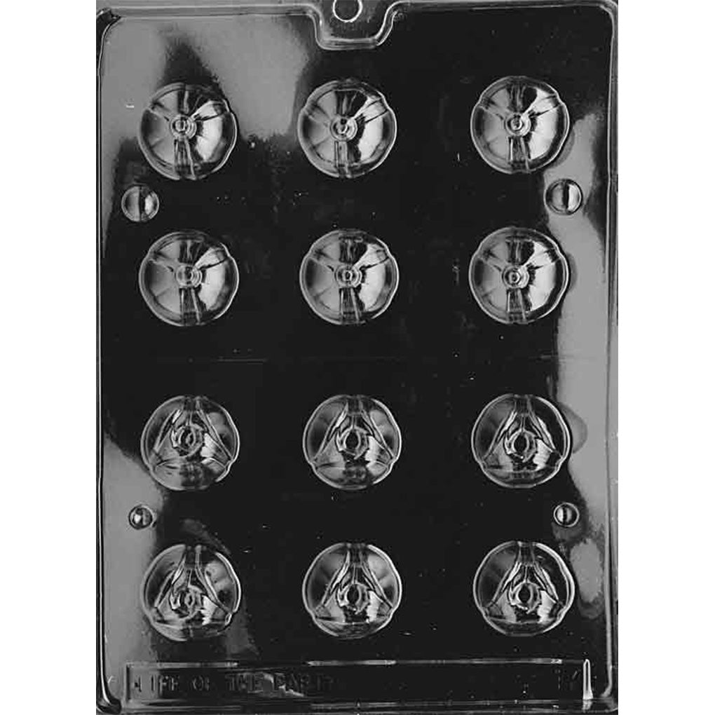 Clear plastic tulip blossom chocolate mold sheet with twelve small 3D flower-bud cavities arranged in a grid, designed to be cut along a center line to assemble two halves.