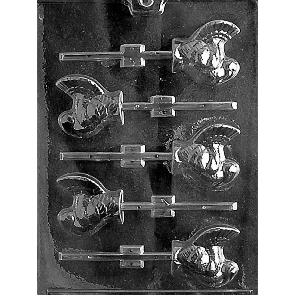 Clear plastic small turkey chocolate lollipop mold with six petite turkey-shaped cavities and stick channels, shown on a dark background.