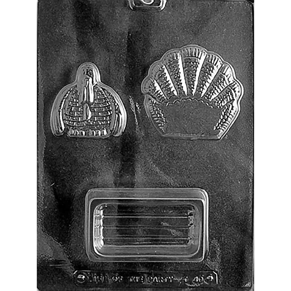 Turkey pour box chocolate mold with 3 cavities showing a textured turkey front, a fan-shaped feathered tail, and a rectangular box component.