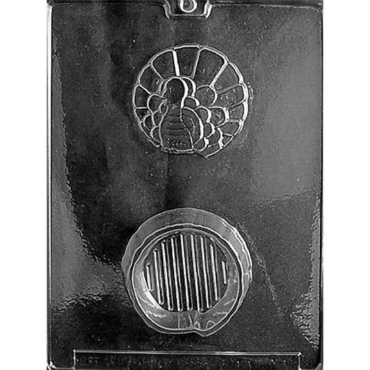 Two-cavity turkey pour box chocolate mold with a detailed turkey lid and round ribbed base, measuring approximately 1 1/2 x 3 1/4 x 1 3/8 inches when assembled