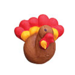 Mini turkey royal icing decorations in a 4-pack, each 3/4 inch tall with colorful feathers and cute Thanksgiving-themed design