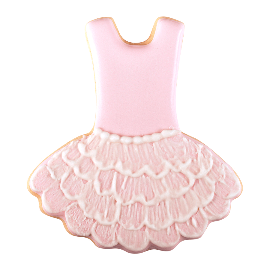 Decorated tutu-shaped sugar cookie with pink icing, featuring a smooth bodice and textured, ruffled skirt. A perfect treat for ballerinas, Nutcracker-themed events, and princess parties.