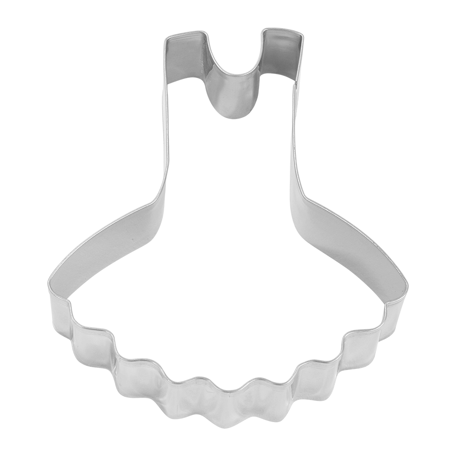 Top-down view of a tutu-shaped metal cookie cutter, featuring a fitted bodice and a wavy skirt design. Ideal for ballet, princess, and dance-themed cookies.