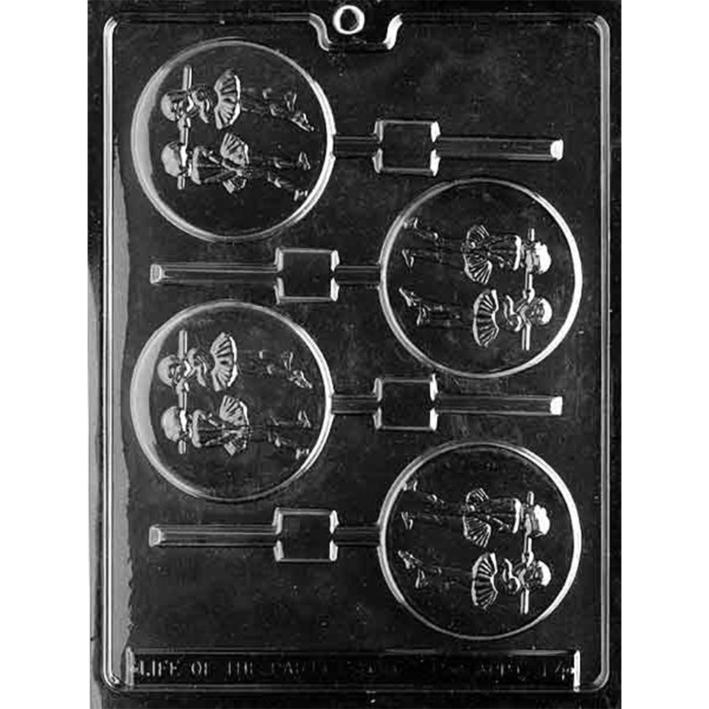 Two Ballerinas chocolate lollipop mold with four round cavities featuring dancers in tutus practicing at a ballet barre