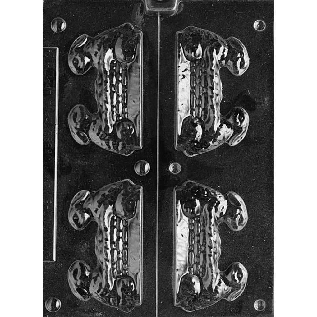 Plastic 3D chocolate mold with four cavities depicting two bunnies peeking over a woven Easter basket filled with eggs. Mold creates tall, detailed seasonal chocolate figures.