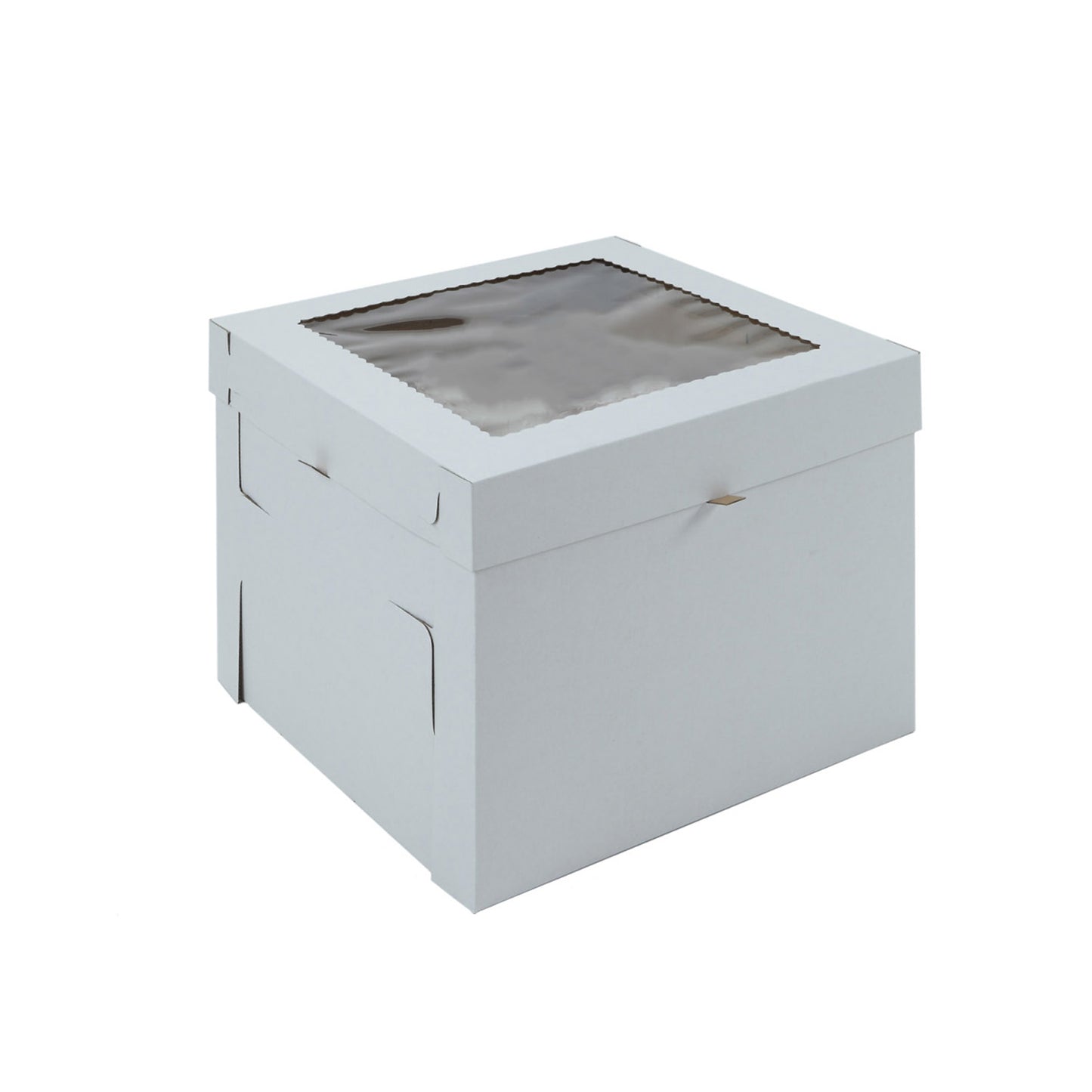 Tall white 10 x 10 x 8 cake box with a clear square window in the top lid, shown closed on a white background; two-piece bakery box for cakes up to 8 inches tall.