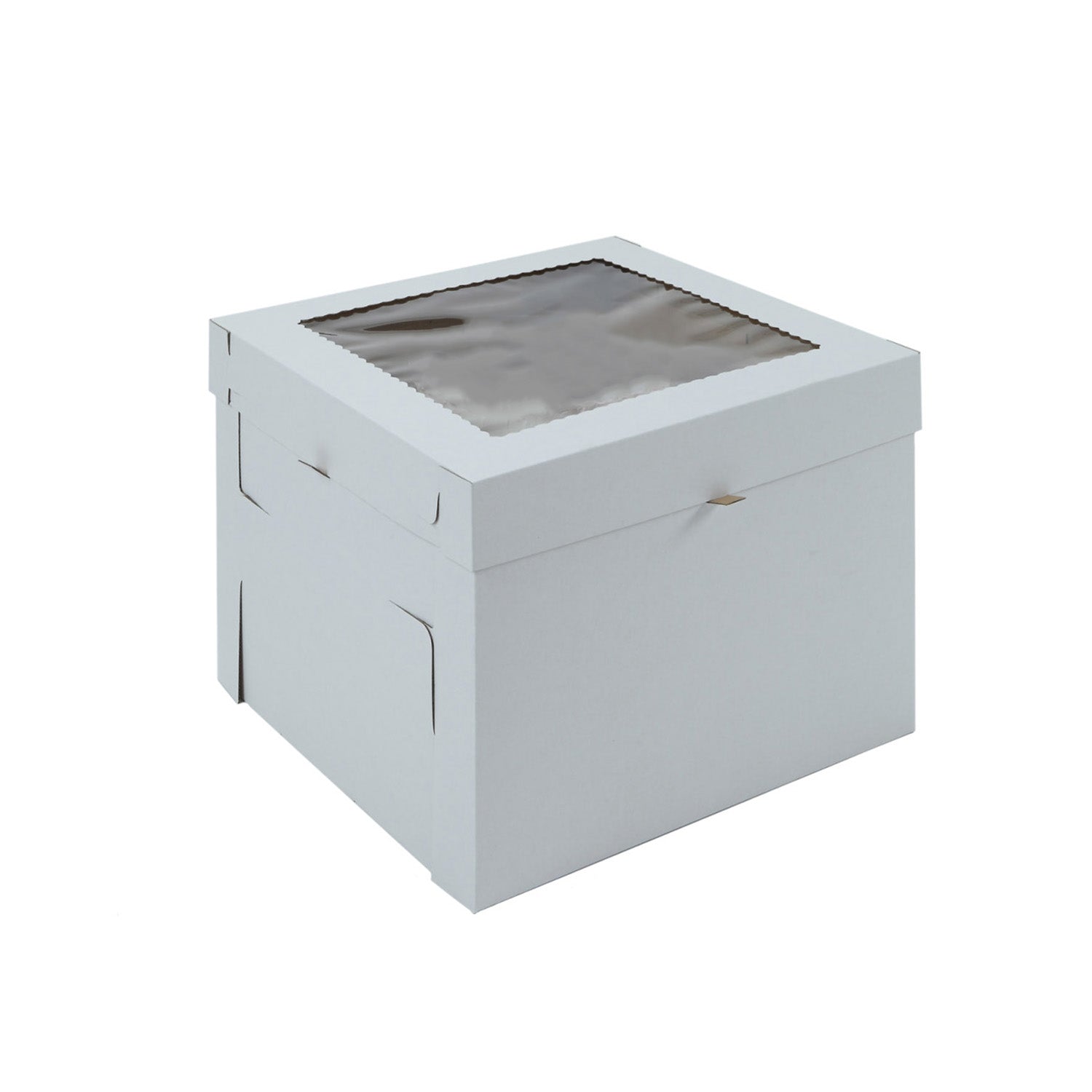 Tall white 10 x 10 x 8 cake box with a clear square window in the top lid, shown closed on a white background; two-piece bakery box for cakes up to 8 inches tall.