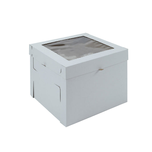 Tall white 10 x 10 x 8 cake box with a clear square window in the top lid, shown closed on a white background; two-piece bakery box for cakes up to 8 inches tall.