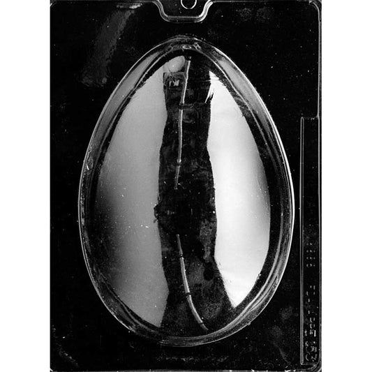 Clear plastic 2 lb chocolate egg mold shown on a black background with one extra-large smooth egg cavity, tall oval shape with rounded edges and glossy finish.