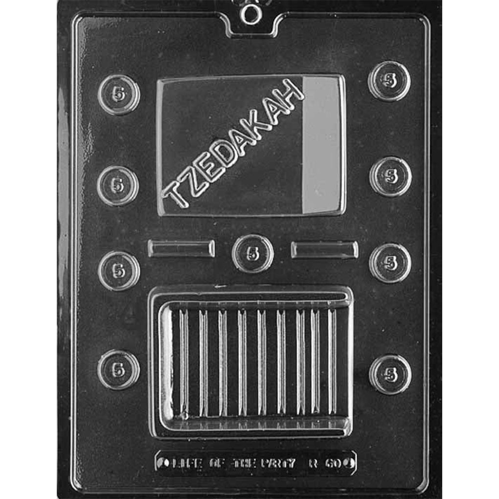 Clear plastic chocolate pour mold with one tzedakah box cavity featuring “TZEDAKAH” lettering and multiple small coin cavities around it, each coin marked with the number 5.