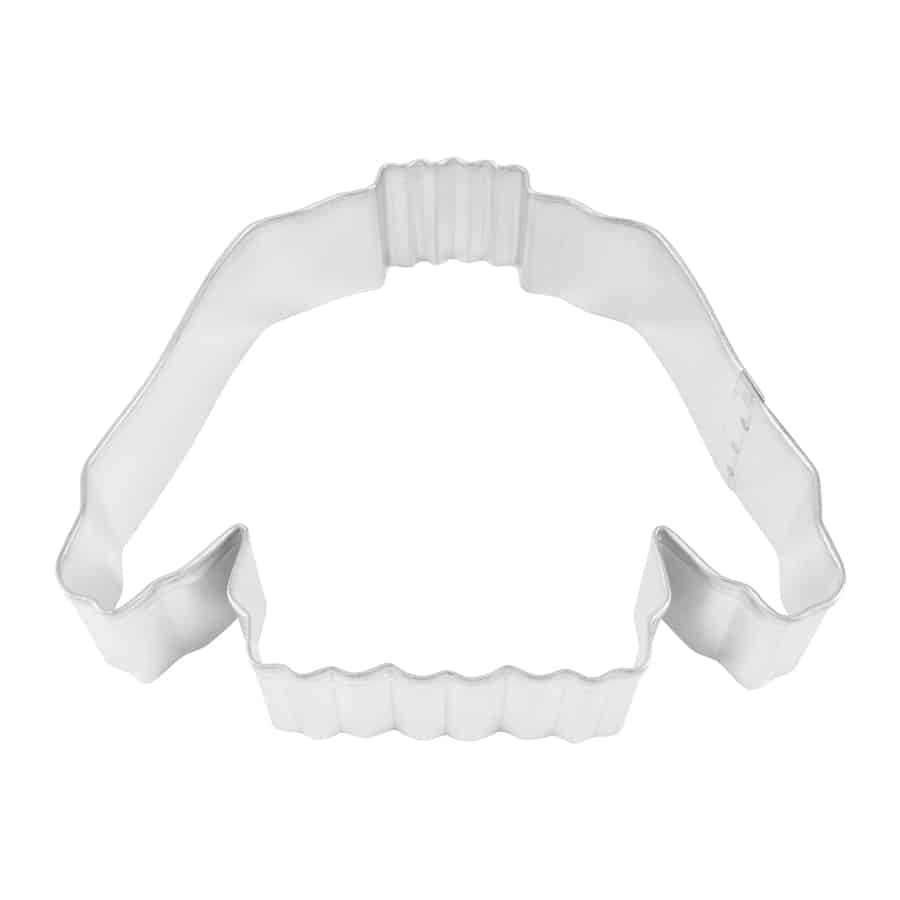 Metal sweater-shaped cookie cutter with ribbed details at the collar and bottom edge.