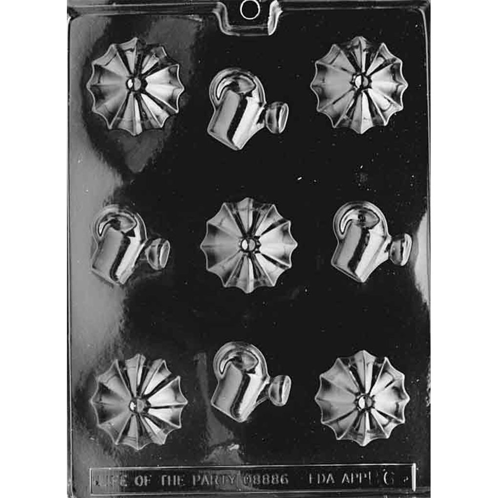 Clear chocolate mold with five pleated umbrella cavities and four small watering can cavities arranged on a glossy black background.