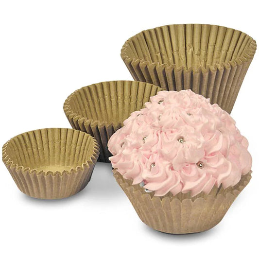 Assortment of natural unbleached brown cupcake liners in different sizes, with a decorated cupcake.