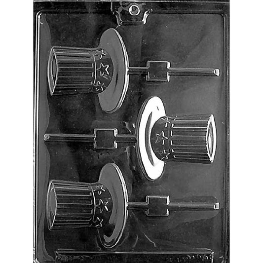 Three-cavity Uncle Sam’s hat chocolate lollipop mold with striped crowns, star hatbands, wide brims, and built-in stick channels