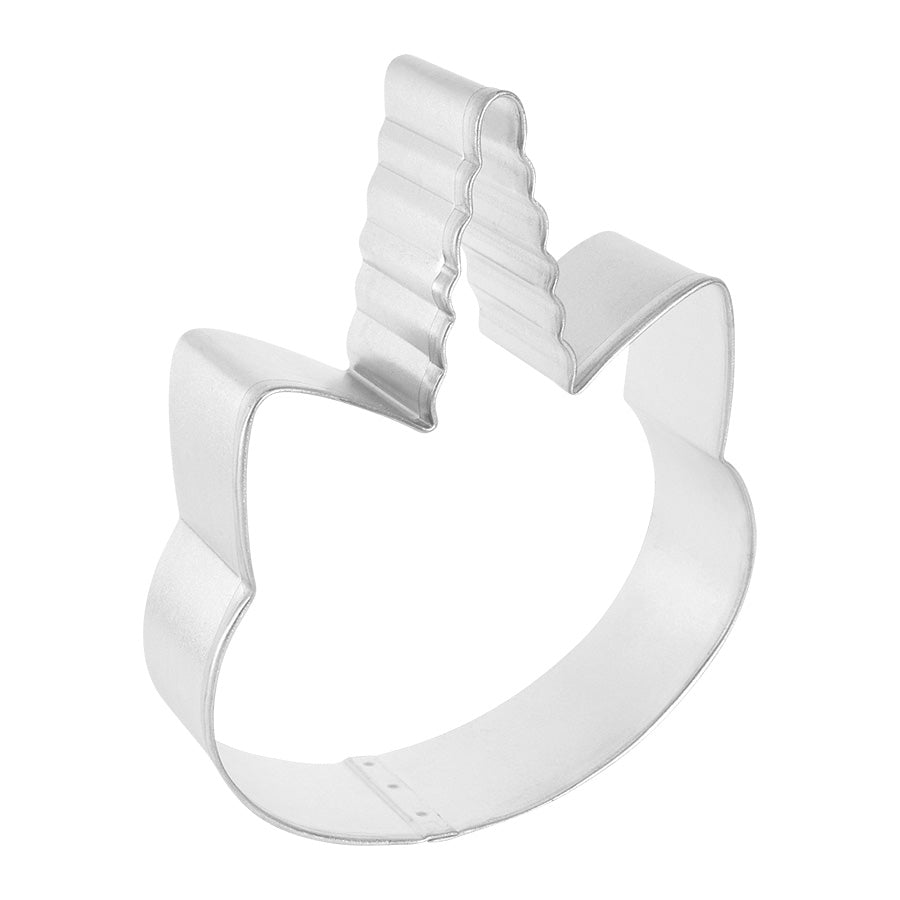 Side angle view of a unicorn face cookie cutter with a fluted horn design, showcasing its sturdy construction and smooth cutting edges.