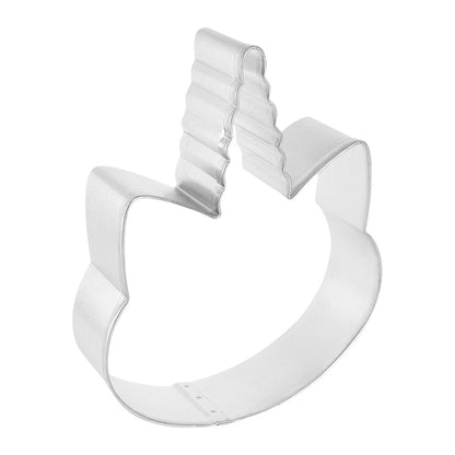 Side angle view of a unicorn face cookie cutter with a fluted horn design, showcasing its sturdy construction and smooth cutting edges.