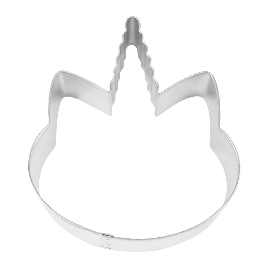 Unicorn face cookie cutter made of metal, featuring a pointed horn and two ears, photographed from a top-down view on a white background.