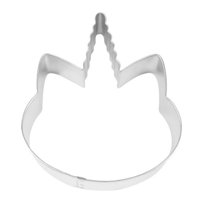 Unicorn face cookie cutter made of metal, featuring a pointed horn and two ears, photographed from a top-down view on a white background.