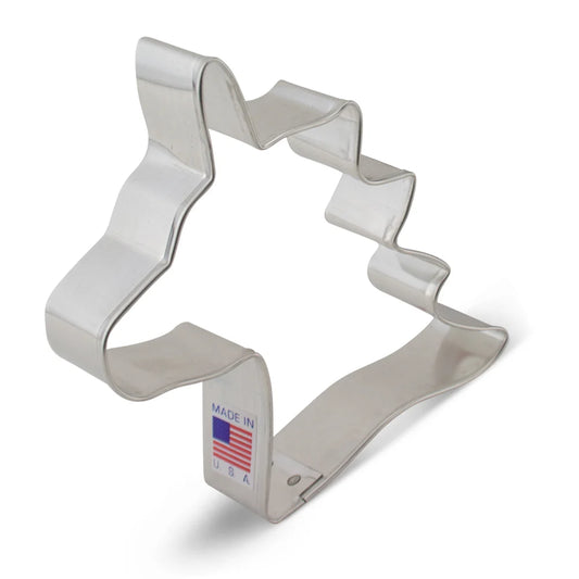 Metal unicorn head cookie cutter with a Made in USA label, displayed against a white background.