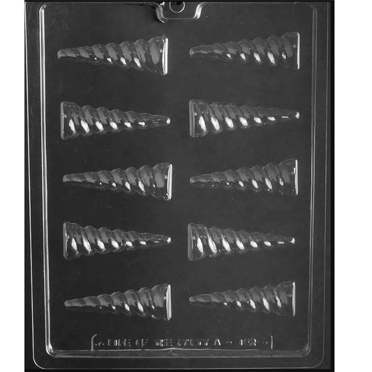 Unicorn horn chocolate mold with 10 tapered spiral cavities, each measuring approximately 2 7/8 x 1 x 1/2 inch deep