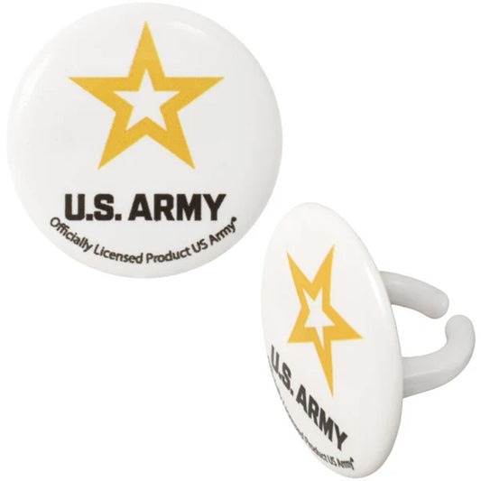 White United States Army cupcake topper rings featuring a gold star logo, black U.S. ARMY lettering, and white ring backs.