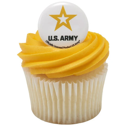 United States Army cupcake topper ring displayed in yellow frosting on a white cupcake, featuring the gold Army star and black U.S. ARMY lettering.