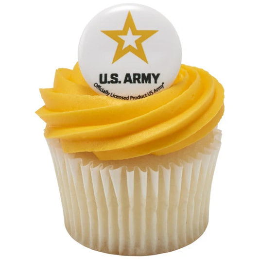 United States Army cupcake topper ring displayed in yellow frosting on a white cupcake, featuring the gold Army star and black U.S. ARMY lettering.