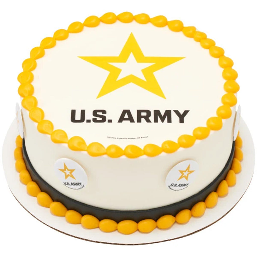Round white cake decorated with yellow and black borders, a large U.S. Army star design on top, and United States Army cupcake topper rings around the sides.