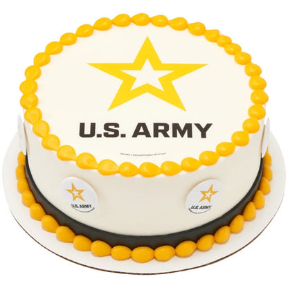Round white cake decorated with yellow and black borders, a large U.S. Army star design on top, and United States Army cupcake topper rings around the sides.