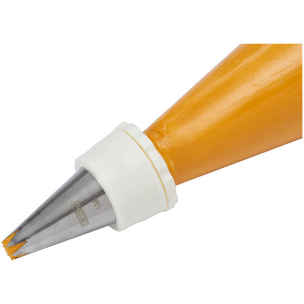 Close-up of coupler attached to piping bag with a 1M large open star tip.