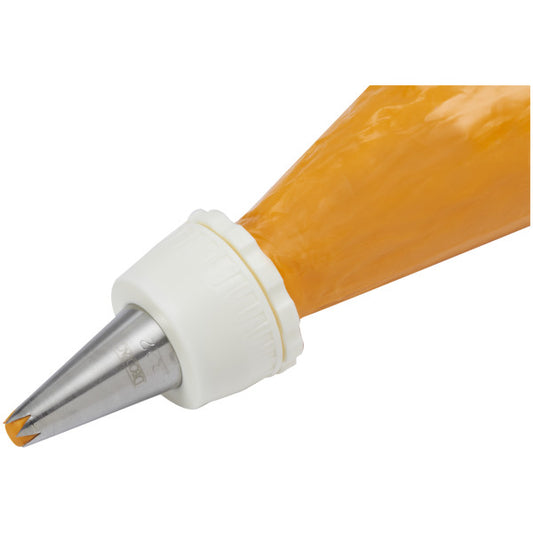 Coupler in use on a piping bag with orange icing and a star-shaped metal tip.