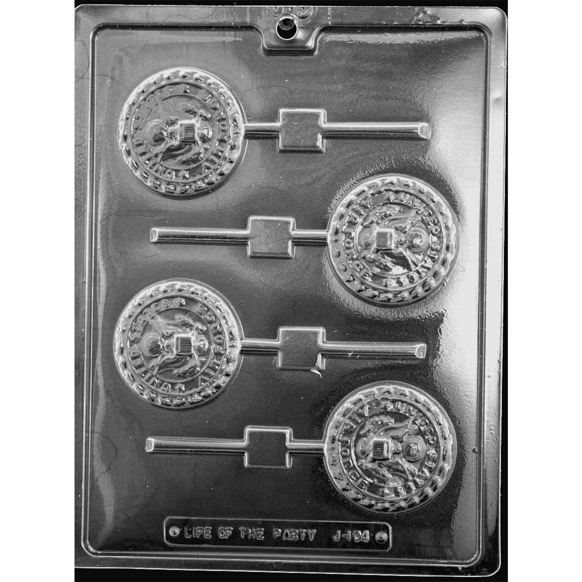 Four-cavity U.S. Air Force chocolate lollipop mold J-104 with round raised eagle-and-shield seals, surrounding lettering, dotted borders, and stick channels