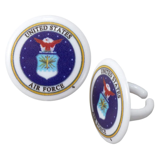 United States Air Force cupcake topper rings with round white tops printed with the Air Force emblem in blue, gold, red, and white, shown from front and side views.