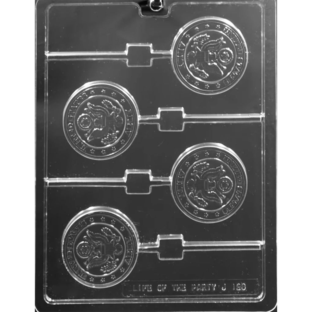 Four-cavity U.S. Army seal chocolate lollipop mold with round medallion designs, central emblems, border lettering, stars, and stick channels.