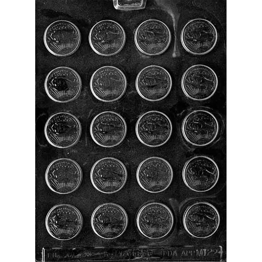 Clear plastic chocolate mold with twenty small round coin cavities showing an eagle in flight, raised coin lettering, and circular borders on a dark background.