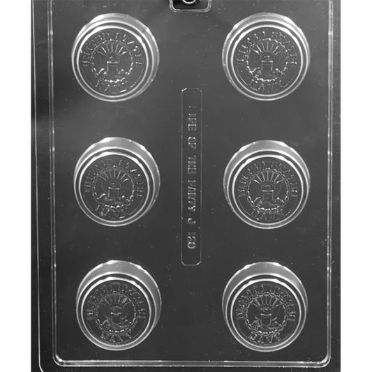 Six-cavity U.S. Navy chocolate-covered Oreo mold with round embossed Navy seal, anchor, and surrounding lettering