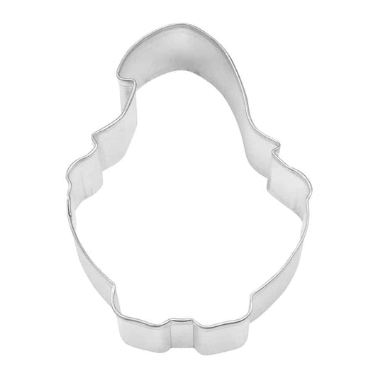 Valentine gnome-shaped cookie cutter made of silver metal, featuring a tall hat and whimsical shape.