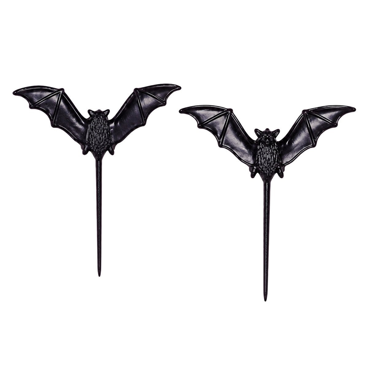 Two dark vampire bat cupcake picks with wide outstretched wings and long stems displayed against a white background.